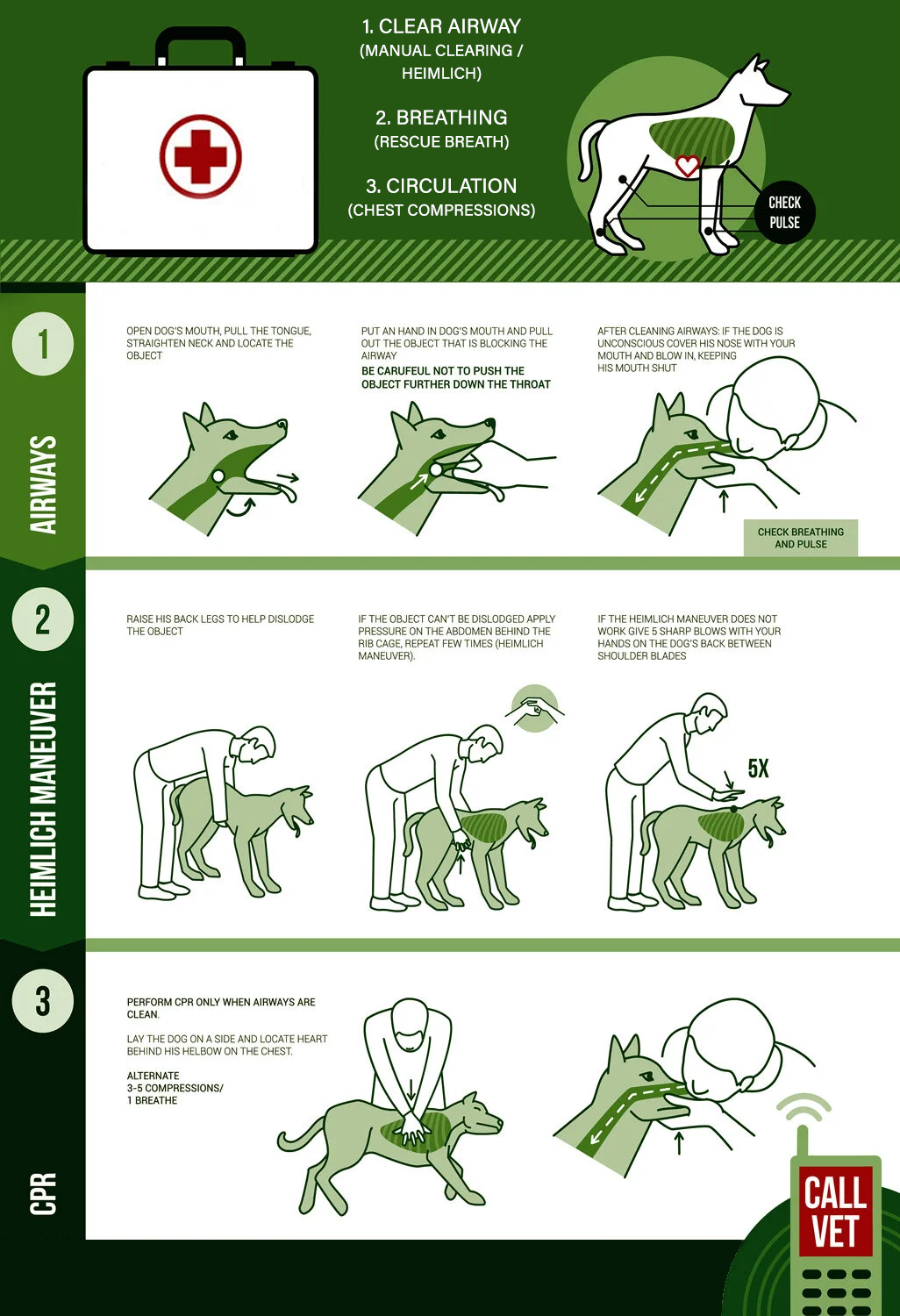 Instructional visual guide to dog rescue - follow the images for Heimlich maneuver and CPR  
